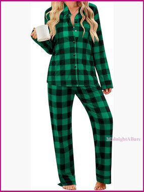 Long Sleeve Cotton Pajama Set Button Down Sleepwear Lounge Wear